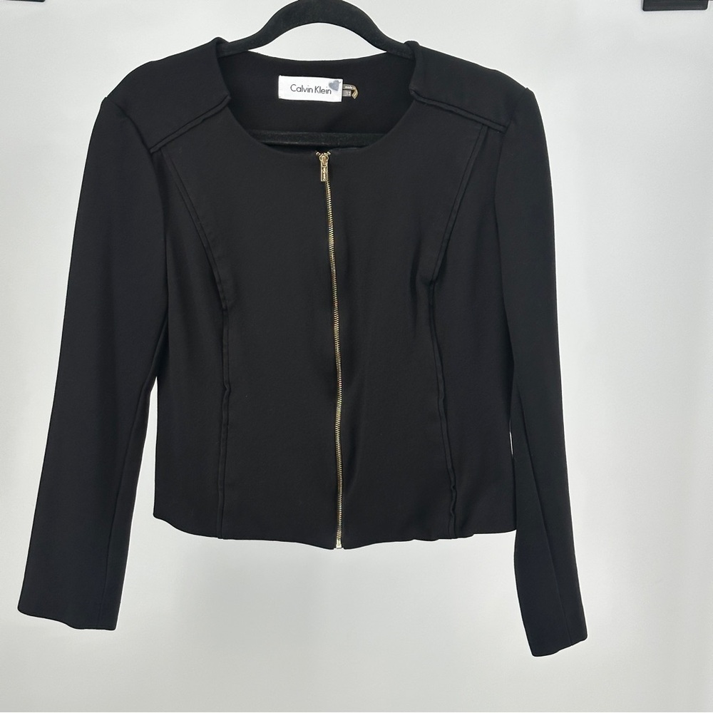 Women’s‎ Cropped Calvin Klein Women's Black Blazer with Gold Zipper Size 12 90’s